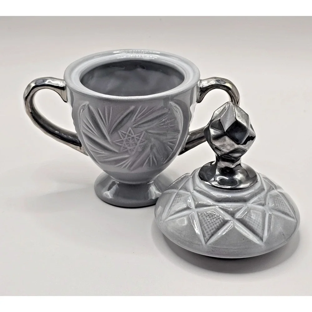 anthropologie sugar bowl gray ceramic urn‎ art deco style silver handles